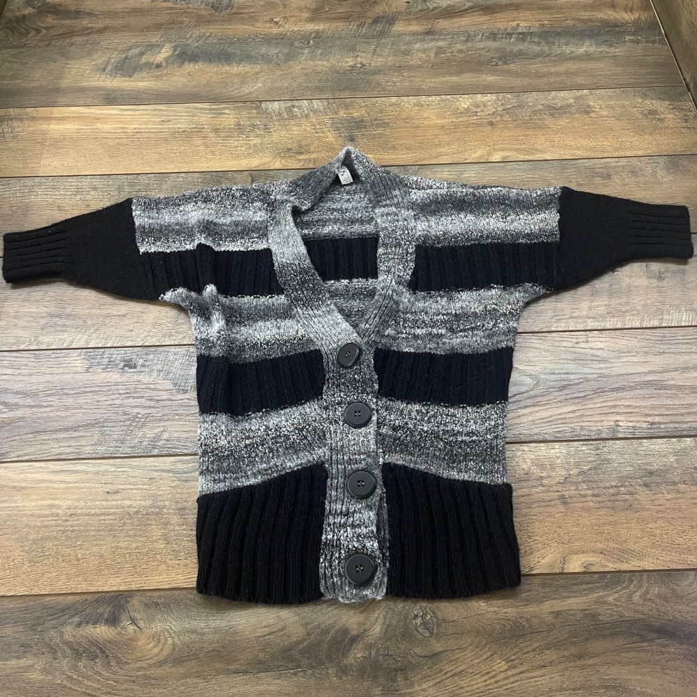 BKE Striped Wool Blend Chunky Knit Cardigan Grey Black Womens M Cozy Layer 2000s